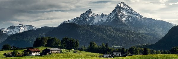 Chmury, Domy, Lasy, Masyw Watzmann, Góry, Niemcy, Bawaria, Drzewa, Gmina Berchtesgaden