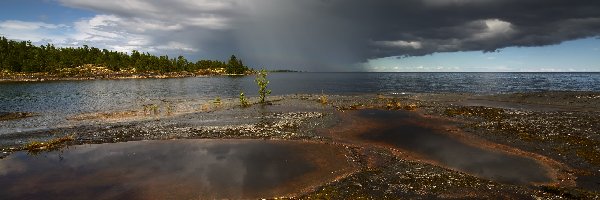 Jezioro, Ciemne, Skała, Drzewa, Chmury