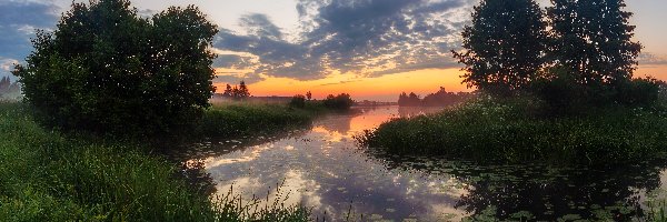 Rzeka, Drzewa, Trawy, Chmury, Wschód słońca