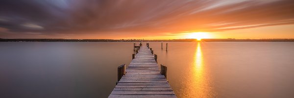 Jezioro Ammersee, Zachód słońca, Pomost, Niemcy, Bawaria