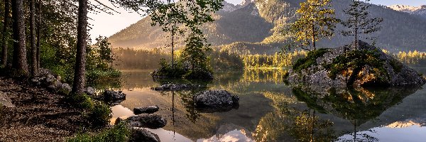 Kamienie, Skały, Alpy, Góry, Jezioro Hintersee, Niemcy, Bawaria, Drzewa, Berchtesgadener