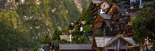 Austria, Jezioro, Hallstattersee, Alpy Salzburskie, Góry, Hallstatt, Domy