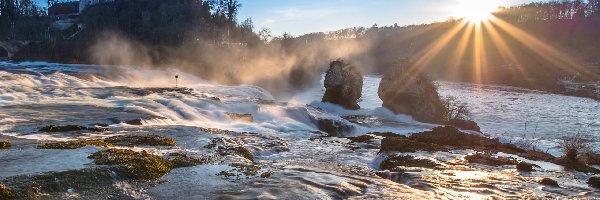 Skała, Promienie słońca, Szwajcaria, Kanton Szafuza, Rzeka Ren, Zamek Laufen, Neuhausen am Rheinfall, Wodospad Rheinfall