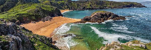 Roślinność, Skały, Plaża, Wybrzeże, Morze, Irlandia, Hrabstwo Donegal, Murder Hole Beach, Półwysep Rosguill