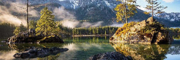 Skały, Alpy, Jezioro Hintersee, Bawaria, Niemcy, Mgła, Las, Góry, Drzewa