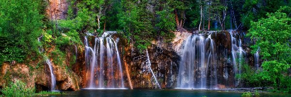 Drzewa, Stan Kolorado, Zieleń, Rzeka, Wodospad, Hanging Lake, Wiszące Jezioro, Stany Zjednoczone, Glenwood Canyon, Skały