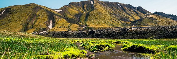 Islandia, Rzeka, Góry, Trawa, Zielona