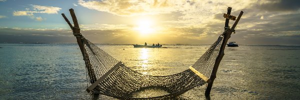 Hamak, Zachód słońca, Mauritius, Brabant, Łódki, Plaża, Le Morne Beach, Morze