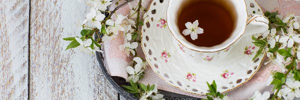 Gałązki, Filiżanka, Okwiecone, Deski, Porcelanowa, Herbata
