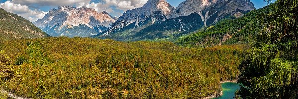 Lasy, Alpy, Austria, Tyrol, Jezioro Blindsee, Drzewa, Chmury, Góry