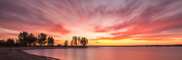 Kolorado, Drzewa, Zachód słońca, Stany Zjednoczone, Chatfield Lake, Jezioro