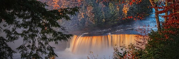 Jesień, Rzeka Tahquamenon, Las, Tahquamenon Falls, Wodospad, Stany Zjednoczone, Stan Michigan, Drzewa, Miejscowość Paradise