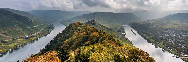 Niemcy, Wzgórze, Jesień, Chmury, Rzeka Mozela