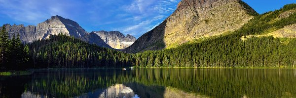 Grinnell Mountain, Góry, Stany Zjednoczone, Góra, Niebo, Park Narodowy Glacier, Lewis Range, Swiftcurrent Lake, Montana, Jezioro, Lasy, Odbicie, Drzewa