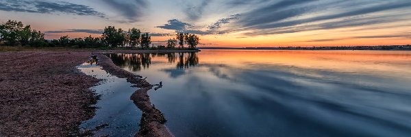 Stany Zjednoczone, Brzeg, Drzewa, Chatfield Lake, Jezioro, Kolorado, Wschód słońca