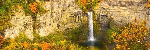 Stany Zjednoczone, Wodospad, Taughannock Falls, Drzewa, Jesień, Stan Nowy Jork, Skały