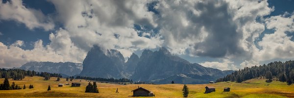 Domy, Drzewa, Płaskowyż Seiser Alm, Dolomity, Góry Sassolungo, Włochy, Chmury, Dolina Val Gardena, Łąki