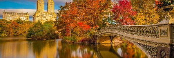 Drzewa, Budynek Eldorado, Manhattan, Nowy Jork, Jesień, Stany Zjednoczone, Most, Central Park, Jezioro