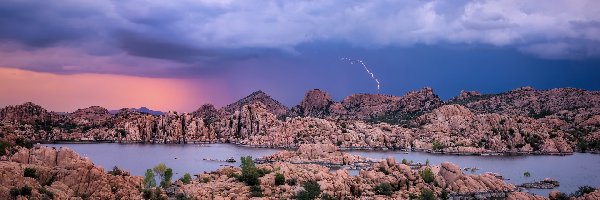 Chmury, Jezioro, Stany Zjednoczone, Arizona, Watson Lake, Piorun, Prescott, Skały