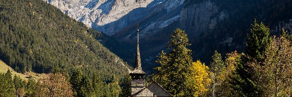 Drzewa, Alpy, Szwajcaria, Kanton Berno, Wzgórze, Kościół, Kandersteg, Góry