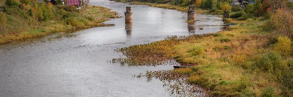 Jesień, Drzewa, Rzeka, Wzgórza, Domy