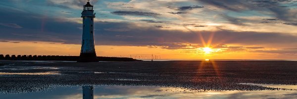 Morze, Plaża, Zachód słońca, Latarnia morska