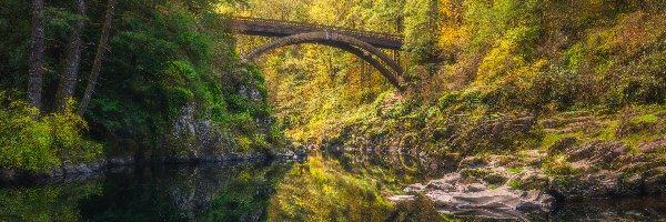 Most, Rzeka, Stany Zjednoczone, Stan Waszyngton, Lewis River, Moulton Falls Bridge, Skały, Las