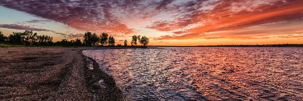 Kolorado, Drzewa, Wschód słońca, Stany Zjednoczone, Chatfield Lake, Jezioro