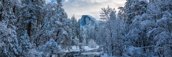 Zima, Stan Kalifornia, Chmury, Drzewa, Park Narodowy Yosemite, Góry, Rzeka Merced, Stany Zjednoczone