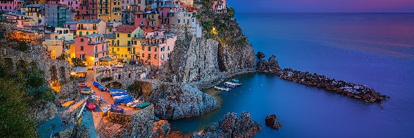 Morze Liguryjskie, Gmina Riomaggiore, Skały, Domy, Miejscowość Manarola, Cinque Terre, Kolorowe, Włochy