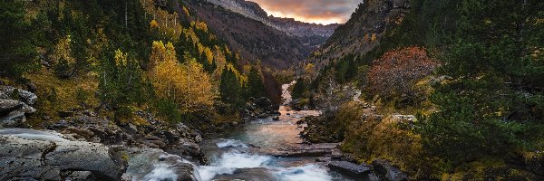Drzewa, Rzeka, Hiszpania, Park Narodowy de Ordesa y Monte Perdido, Kamienie, Lasy, Pireneje, Góry