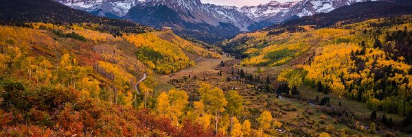 Góra, Góry, Chmury, Las, Drzewa, Kolorado, San Juan Mountains, Kolorowe, Dolina, Stany Zjednoczone, Mount Sneffels, Jesień