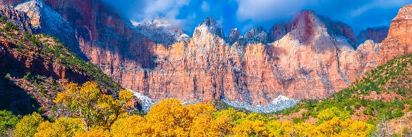 Skały, Góry, Stany Zjednoczone, Stan Utah, Drzewa, Jesień, Chmury, Park Narodowy Zion