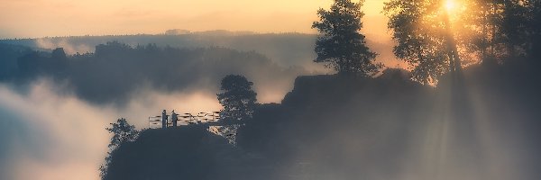 Mgła, Park Narodowy Saskiej Szwajcarii, Niemcy, Poranek, Drzewa, Góry Połabskie