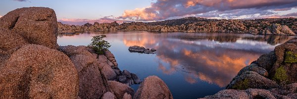 Stany Zjednoczone, Watson Lake, Chmury, Jezioro, Skały, Arizona, Prescott