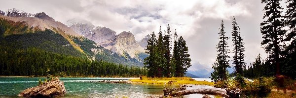 Chmury, Wyspa Ducha, Kanada, Trawa, Góry, Drzewa, Kamienie, Jezioro Maligne, Park Narodowy Jasper, Alberta
