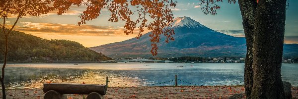 Liście, Góra Fudżi, Chmury, Lake Kawaguchi, Japonia, Brzeg, Ława, Wyspa Honsiu, Drzewa, Jezioro, Jesień