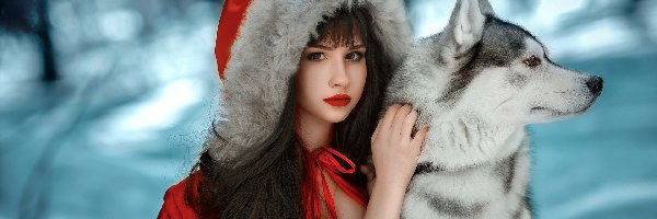 Siberian husky, Płaszcz, Kaptur, Czerwony, Dziewczyna, Pies, Śnieg