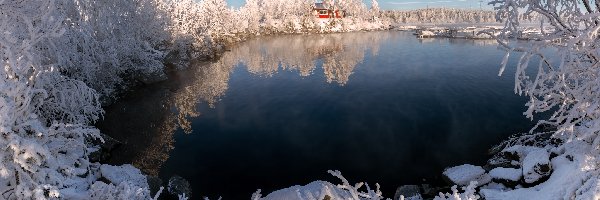 Zima, Dom, Jezioro, Drzewa, Zaśnieżone