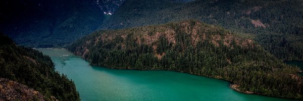 Szczyty, Rozświetlone, Park Narodowy Północnych Gór Kaskadowych, Stan Waszyngton, Stany Zjednoczone, Las, Diablo Lake, Góry, Jezioro