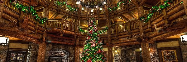 Żyrandol, Lobby, Wnętrze, Hotel, Hol, Stany Zjednoczone, Boże Narodzenie, Choinka, Orlando, Disneys Wilderness Lodge