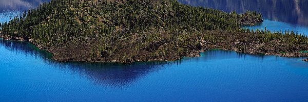 Jezioro Kraterowe, Oregon, Motorówka, Lasy, Park Narodowy Jeziora Kraterowego, Wyspa Czarodzieja, Góry, Stany Zjednoczone