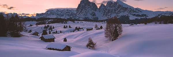 Drzewa, Płaskowyż Seiser Alm, Zima, Domki, Dolomity, Góry Sassolungo, Drewniane, Włochy, Dolina Val Gardena, Mgła