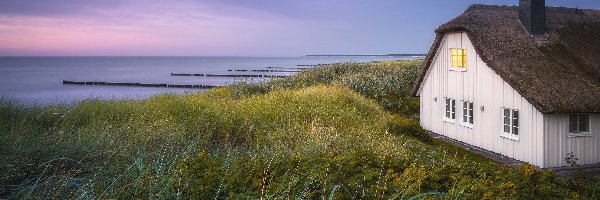 Wydmy, Wybrzeże, Wieś Althagen, Bałtyk, Morze, Niemcy, Dom, Półwysep Darss, Trawy