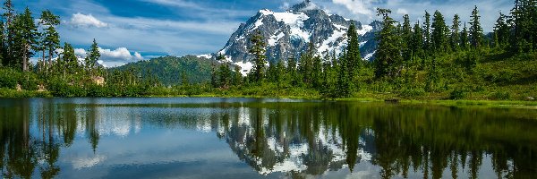 Park Narodowy Północnych Gór Kaskadowych, Góra, Stany Zjednoczone, Picture Lake, Las, Drzewa, Jezioro, Góry, Mount Shuksan, Stan Waszyngton