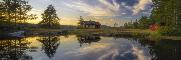 Norwegia, Drzewa, Chmury, Domki, Jezioro Vaeleren, Ringerike, Odbicie