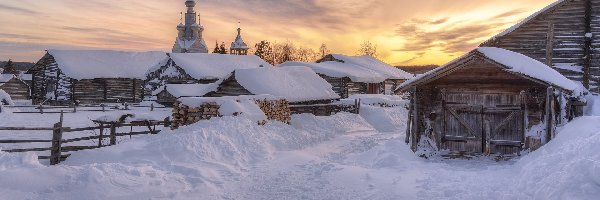 Cerkiew, Domy, Szopy, Wschód słońca, Drewniane, Zima