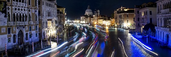 Światła, Bazylika św Marka, Włochy, Wenecja, Kanał, Canal Grande, Domy, Noc