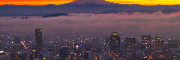 Miasto, Oświetlone, Stratowulkan, Góra, Wschód słońca, Stany Zjednoczone, Stan Oregon, Mount Hood, Portland