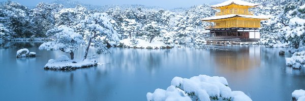 Japonia, Złoty Pawilon, Staw Kyko chi, Świątynia Kinkakuji, Zima, Kioto, Drzewa